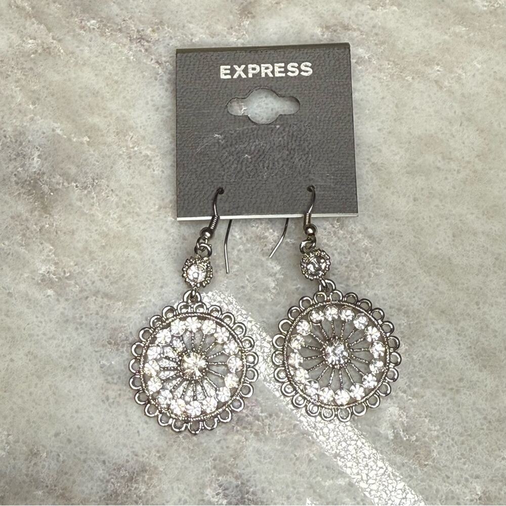 Express Rhinestone Filigree Dangle Earrings Silver Tone Sparkle Statement